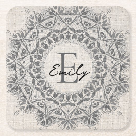 Mandala Individuelle Name Monogram, hellgrau Rechteckiger Pappuntersetzer (Vorderseite)