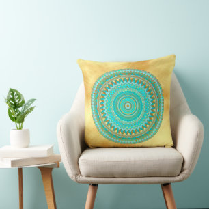 Mandala Iris blau braun gold auf Soft Gold Hinterg Kissen