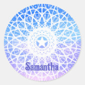 Mandala, lila, weiß und blau runder aufkleber (Vorderseite)