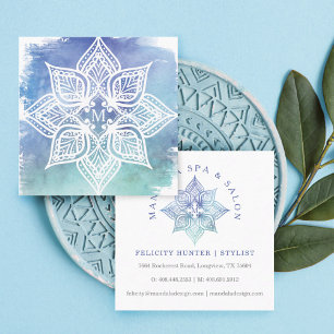 Mandala Lotus Blume Logo und Blue Aquamarin Waterc Quadratische Visitenkarte