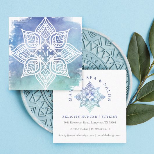 Mandala Lotus Blume Logo und Blue Aquamarin Waterc Quadratische Visitenkarte