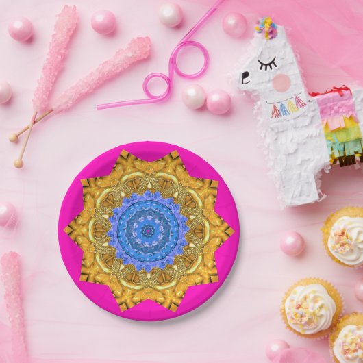 Mandala Magic Blue & Gold auf Fuchsia Pappteller (Party)