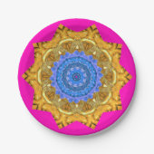 Mandala Magic Blue & Gold auf Fuchsia Pappteller (Vorderseite)