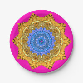 Mandala Magic Blue & Gold auf Fuchsia Pappteller