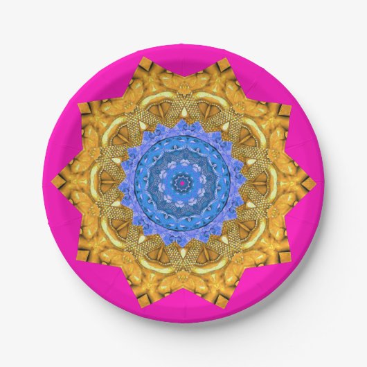 Mandala Magic Blue & Gold auf Fuchsia Pappteller (Vorderseite)