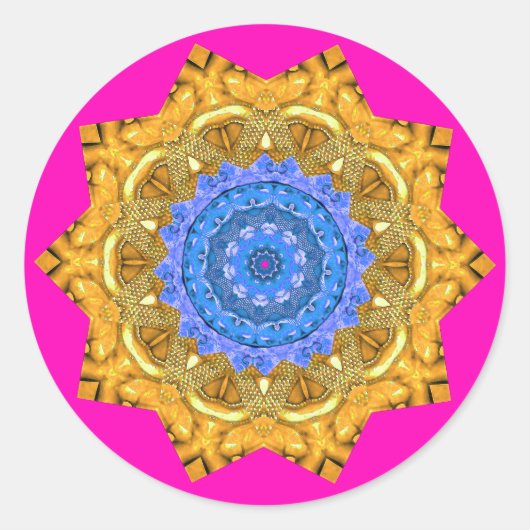Mandala Magic Blue & Gold auf Fuchsia Runder Aufkleber (Vorderseite)