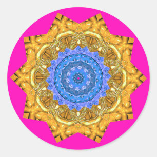 Mandala Magic Blue & Gold auf Fuchsia Runder Aufkleber