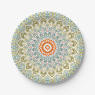 Mandala-Medaillon in Grün, Blau und Orange Pappteller