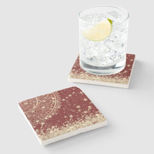 Mandala mit Gold Stars auf Rot verzaubern Steinuntersetzer (Seitenansicht)