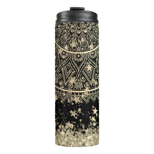 Mandala mit Gold Stars auf schwarz bezaubern Thermosbecher (Vorderseite)