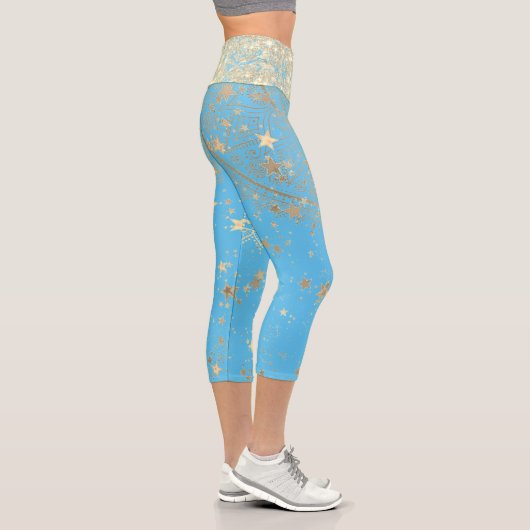 Mandala mit Gold Stars auf Türkis verzaubern Capri Leggings (Rechts)