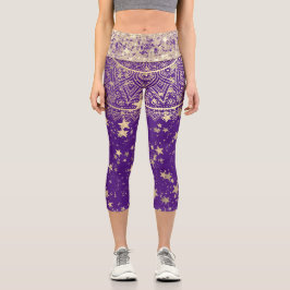 Mandala mit Gold Stars Glitzer Lila Capri Leggings