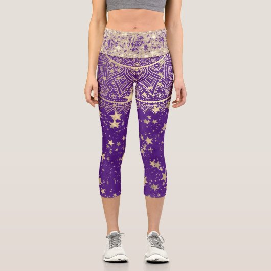 Mandala mit Gold Stars Glitzer Lila Capri Leggings (Vorderseite)
