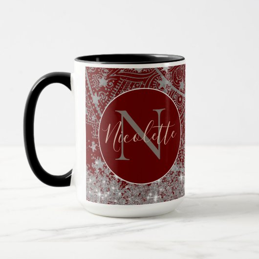 Mandala mit Monogram Glitzer Silver Stars Red Tasse (Links)