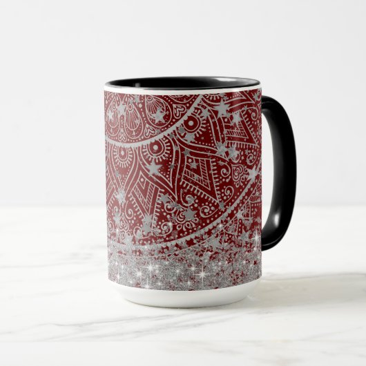 Mandala mit Monogram Glitzer Silver Stars Red Tasse (VorderseiteRechts)