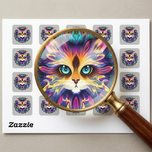 Mandala mit süßem pelzigem Katzenportrait Quadratischer Aufkleber