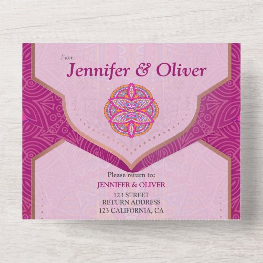 Mandala-Mix aus Cerise Pink Blues & Orange All In One Einladung (Rückseite)