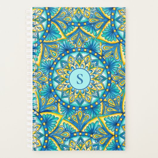 Mandala Monogram Blue Floral Turquoise Muster Planer (Vorderseite)