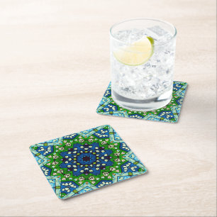 Mandala Mosaic Geometric Green Blue Retro Hippie Rechteckiger Pappuntersetzer