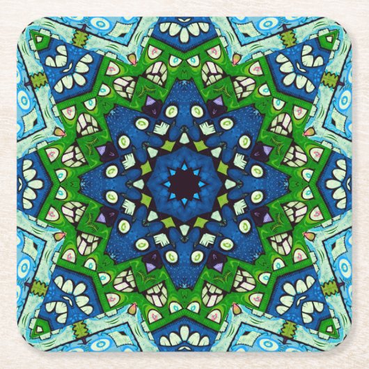 Mandala Mosaic Geometric Green Blue Retro Hippie Rechteckiger Pappuntersetzer (Vorderseite)