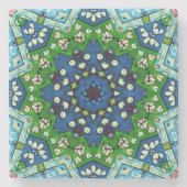 Mandala Mosaic Geometric Green Blue Retro Hippie Steinuntersetzer (Vorderseite)