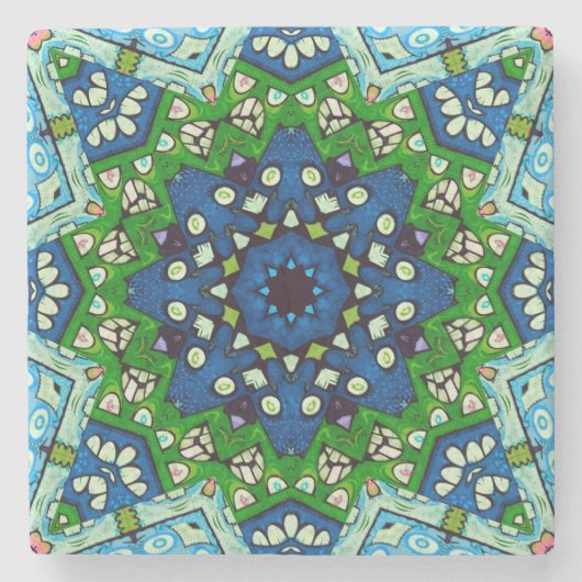 Mandala Mosaic Geometric Green Blue Retro Hippie Steinuntersetzer (Vorderseite)