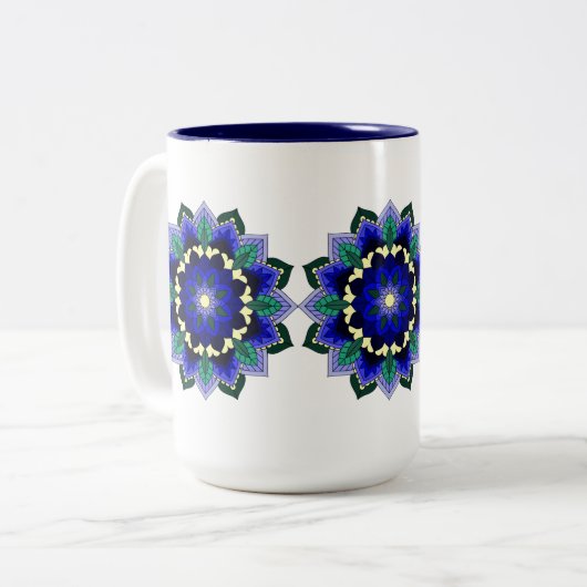 Mandala Muster 02 in dunkelblau Zweifarbige Tasse (Vorderseite Links)