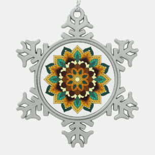 Mandala Muster 02 in gelb & tan Schneeflocken Zinn-Ornament