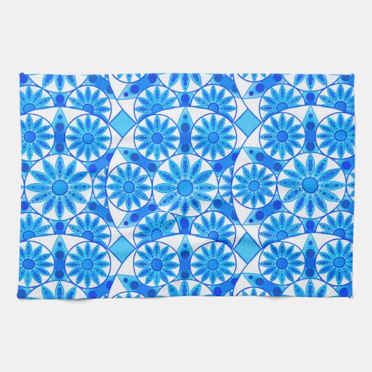 Mandala Muster, Cobalt Blau, Türkis und Weiß Geschirrtuch (Horizontal)