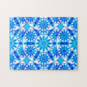 Mandala Muster, Cobalt Blau, Türkis und Weiß Puzzle