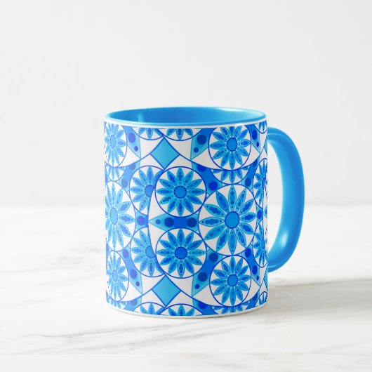 Mandala Muster, Cobalt Blau, Türkis und Weiß Tasse (VorderseiteRechts)