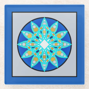 Mandala Muster in Blau, Grau und Türkis Glasuntersetzer