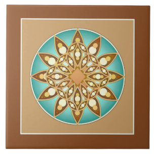 Mandala-Muster in Bräune, Creme und Türkis Fliese