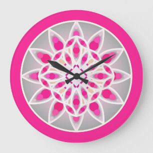 Mandala-Muster in fuchsienrosa, weiß und grau Große Wanduhr