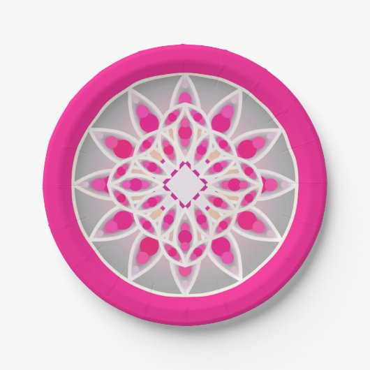 Mandala-Muster in fuchsienrosa, weiß und grau Pappteller (Vorderseite)
