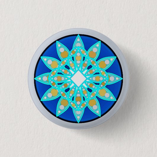 Mandala-Muster in Kobalt, Grau und Türkis Button (Vorderseite)
