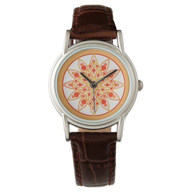 Mandala-Muster in Korallen, Orange und Gold Armbanduhr (Vorderseite)