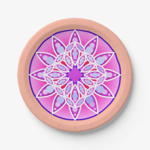 Mandala-Muster in Lavendel, Orchideen und Korallen Pappteller