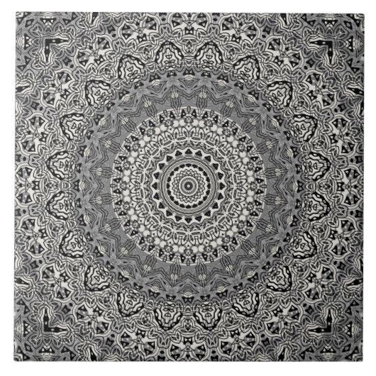 Mandala-Muster in Schwarz und Weiß Fliese (Vorderseite)
