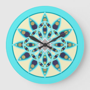 Mandala-Muster in Türkis, Creme und Navy Große Wanduhr
