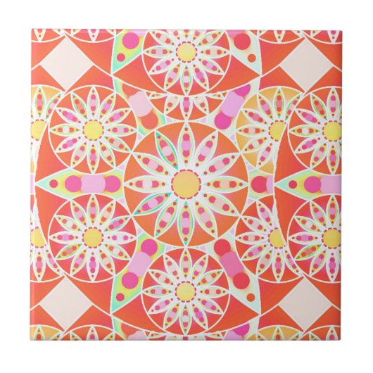 Mandala-Muster, korallenrot, rosa, gold Fliese (Vorderseite)