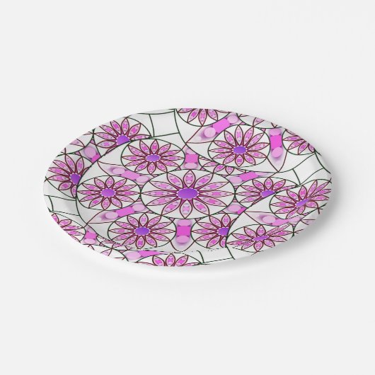 Mandala-Muster, Lavendel, rosa, heißrosa, weiß Pappteller (Schrägansicht)