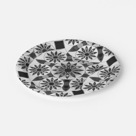 Mandala Muster , schwarz, weiß und grau / grau Pappteller (Schrägansicht)