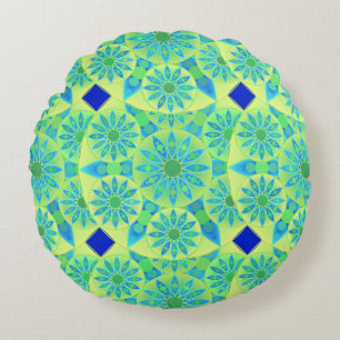 Mandala-Muster, türkis, blau, liengrün Rundes Kissen