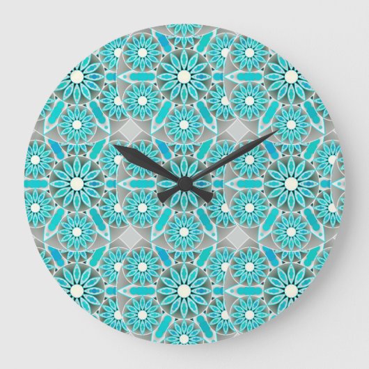 Mandala-Muster, türkis, silbergrau und weiß Große Wanduhr (Vorderseite)