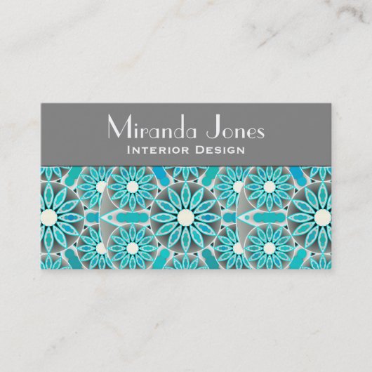 Mandala-Muster, türkis, silbergrau und weiß Visitenkarte (Vorderseite)