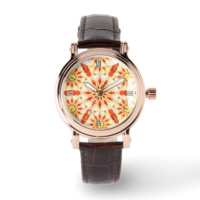 Mandala-Muster, Ziegelrot, Rost, Gold Armbanduhr (Vorderseite)