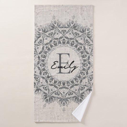 Mandala Name Monogram Monochrome Light Grau Badehandtuch (Badehandtuch)