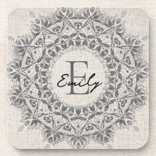 Mandala Name Monogram Monochrome Light Grau Getränkeuntersetzer