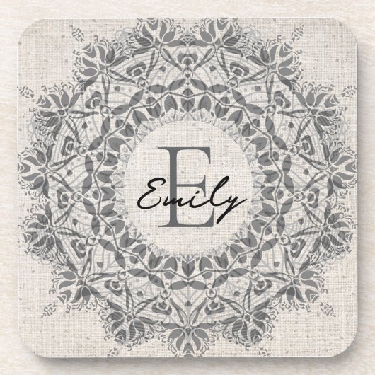 Mandala Name Monogram Monochrome Light Grau Getränkeuntersetzer (Vorderseite)